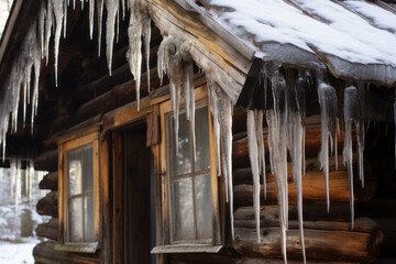 Icicles hanging from the eaves of a rustic wooden house
