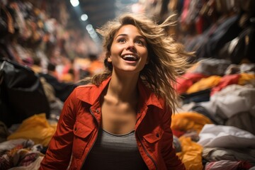 a young woman in a clothing store rejoices at discounts and sales. shopaholism and reasonable consumption. 