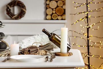 Festive table setting with Christmas decor at home