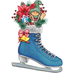 watercolor hand drawn christmas decorated ice skate