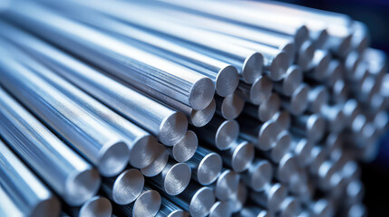 Thick aluminum rods in warehouse. Remelting non-ferrous or ferrous metals. Metallurgy, Manufacture of foil and metal products. - obrazy, fototapety, plakaty
