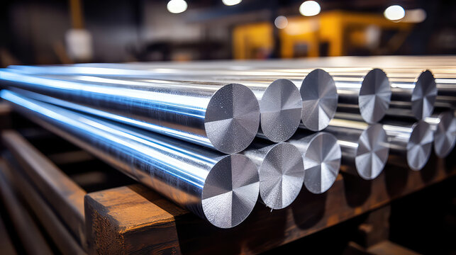Thick aluminum rods in warehouse. Remelting non-ferrous or ferrous metals. Metallurgy, Manufacture of foil and metal products.