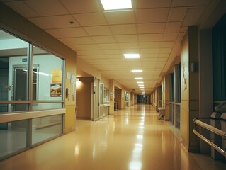 Empty modern hospital corridor, clinic hallway interior background with white chairs for patients waiting for doctor visit. Contemporary waiting room in medical office. Healthcare services concept