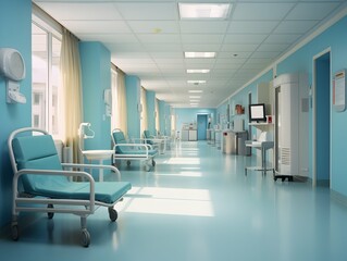 Empty modern hospital corridor, clinic hallway interior background with white chairs for patients waiting for doctor visit. Contemporary waiting room in medical office. Healthcare services concept