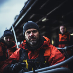 a group of rescuers in equipment on rubber inflatable boats while performing work. 