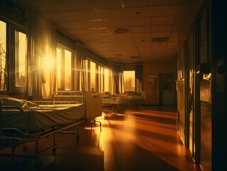 Empty modern hospital corridor, clinic hallway interior background with white chairs for patients waiting for doctor visit. Contemporary waiting room in medical office. Healthcare services concept