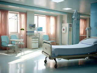 Empty modern hospital corridor, clinic hallway interior background with white chairs for patients waiting for doctor visit. Contemporary waiting room in medical office. Healthcare services concept
