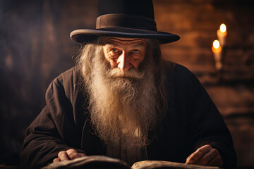Portrait of Jewish Orthodox man, old Jew in black reading holy book - obrazy, fototapety, plakaty