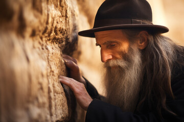 Fototapeta premium Prayer of Jewish Orthodox man, old Jew in black prays near stone wall