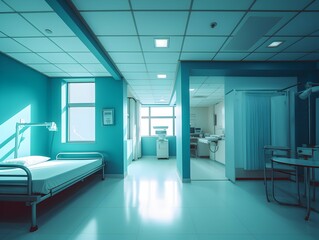 Empty modern hospital corridor, clinic hallway interior background with white chairs for patients waiting for doctor visit. Contemporary waiting room in medical office. Healthcare services concept