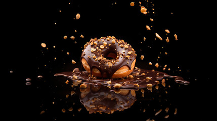 Donut chocolate with small pieces of peanuts - obrazy, fototapety, plakaty