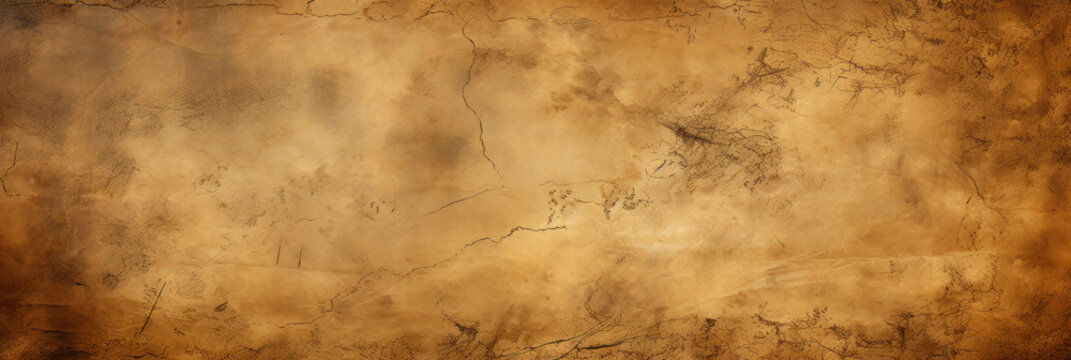 Old worn paper, panoramic wide banner of vintage grungy parchment, concept of ancient texture background.