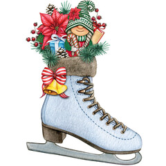 watercolor hand drawn christmas decorated ice skate