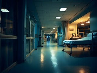 Empty modern hospital corridor, clinic hallway interior background with white chairs for patients waiting for doctor visit. Contemporary waiting room in medical office. Healthcare services concept