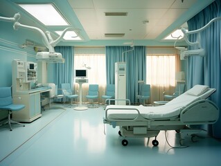 Empty modern hospital corridor, clinic hallway interior background with white chairs for patients waiting for doctor visit. Contemporary waiting room in medical office. Healthcare services concept