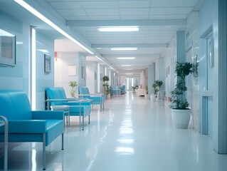 Empty modern hospital corridor, clinic hallway interior background with white chairs for patients waiting for doctor visit. Contemporary waiting room in medical office. Healthcare services concept - obrazy, fototapety, plakaty