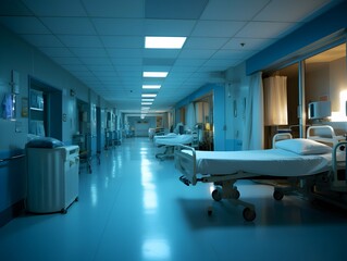 Empty modern hospital corridor, clinic hallway interior background with white chairs for patients waiting for doctor visit. Contemporary waiting room in medical office. Healthcare services concept