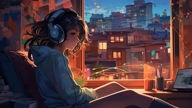 Cool Lofi Girl studying at her desk. Rainy or cloudy outside, beautiful chill, atmospheric wallpaper. 4K streaming background. lo-fi, hip-hop style. Anime manga style.