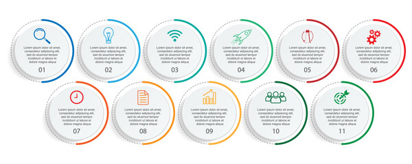 Business Infographic Template Design. Timeline with 11 marketing steps, options and icons. Vector linear infographic with eleven connected elements. Can be used for presentations in your business.