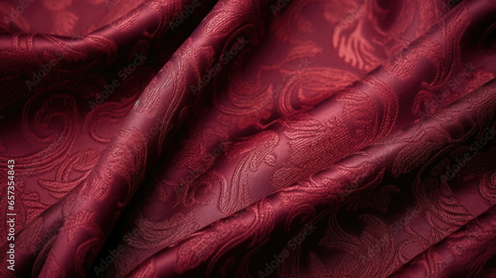 Poster texture of a brocade fabric in a rich burgundy color, with raised motifs in a paisley pattern. the f