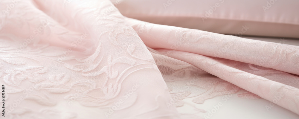 Poster closeup of a and delicate linen, featuring an intricate lacelike pattern in a soft shade of blush pi