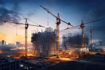 At the construction site, amidst the beautiful sunset, the skilled teamwork, modern machinery, and towering steel structures symbolize progress and innovation in urban development - obrazy, fototapety, plakaty