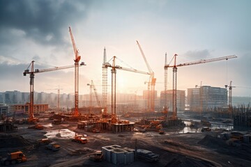 At the construction site, amidst the beautiful sunset, the skilled teamwork, modern machinery, and towering steel structures symbolize progress and innovation in urban development