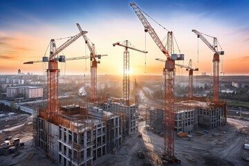 At the construction site, amidst the beautiful sunset, the skilled teamwork, modern machinery, and towering steel structures symbolize progress and innovation in urban development - Powered by Adobe