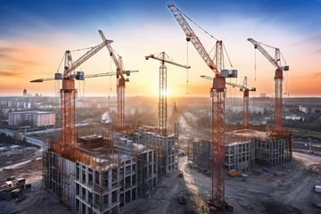 Foto op Plexiglas At the construction site, amidst the beautiful sunset, the skilled teamwork, modern machinery, and towering steel structures symbolize progress and innovation in urban development © ChaoticMind