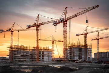 Fototapeta na wymiar At the construction site, amidst the beautiful sunset, the skilled teamwork, modern machinery, and towering steel structures symbolize progress and innovation in urban development