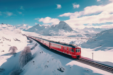 Experience the beauty of winter in the Swiss Alps aboard the Bernina Express, where the snowy landscapes, alpine peaks, and scenic railway create a breathtaking European travel adventure - obrazy, fototapety, plakaty