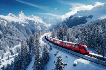 Experience the beauty of winter in the Swiss Alps aboard the Bernina Express, where the snowy landscapes, alpine peaks, and scenic railway create a breathtaking European travel adventure - Powered by Adobe