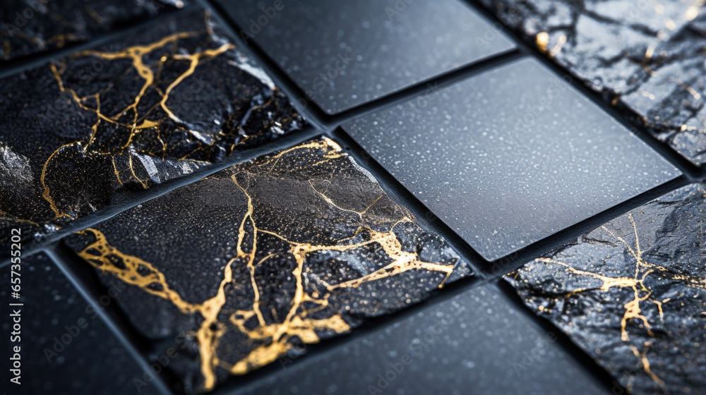 Poster closeup of a striking black porphyry with tered golden flecks that catch the light and glimmer. the 