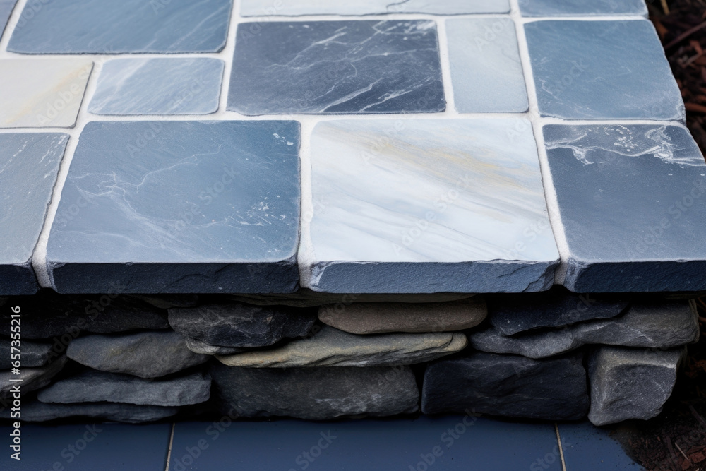 Poster texture of a bluestone hearth, with a deep bluegray base and tered pockets of lighter gray and white