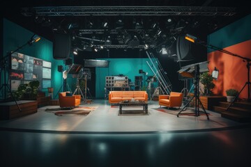 Studio interior for news broadcasting, vector empty placement with anchorman table on pedestal, digital screens for video presentation and neon glowing illumination. Realistic breaking news studio
