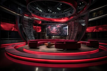 Studio interior for news broadcasting, vector empty placement with anchorman table on pedestal, digital screens for video presentation and neon glowing illumination. Realistic breaking news studio