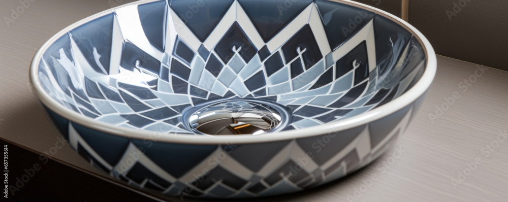 Poster closeup of a vitreous china sink featuring a geometric pattern in shades of blue and grey. its uniqu