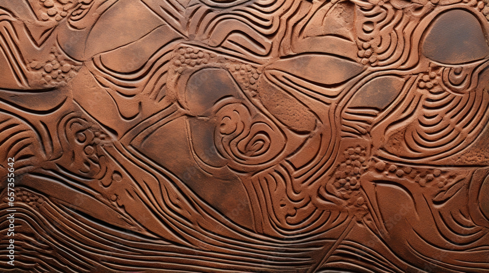 Poster texture of intricate sgraffito designs etched into rough, earthen clay. the contrast between the smo