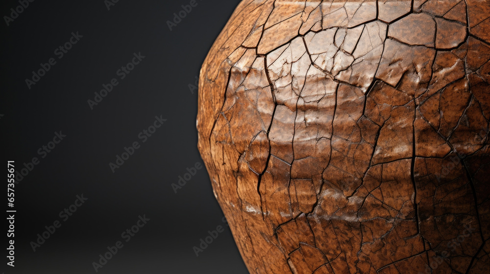 Poster closeup of a studio pottery vase with a cracked texture, giving the appearance of ancient earthenwar