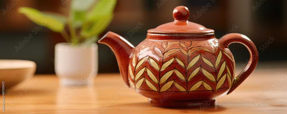 Poster texture of a redware teapot with a classic herringbone pattern. the clay has a smooth and shiny fini