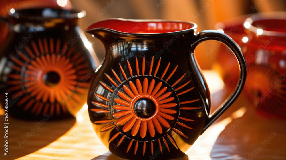 Poster closeup of a redware pitcher featuring traditional sunburst patterns. the texture is smooth and glos