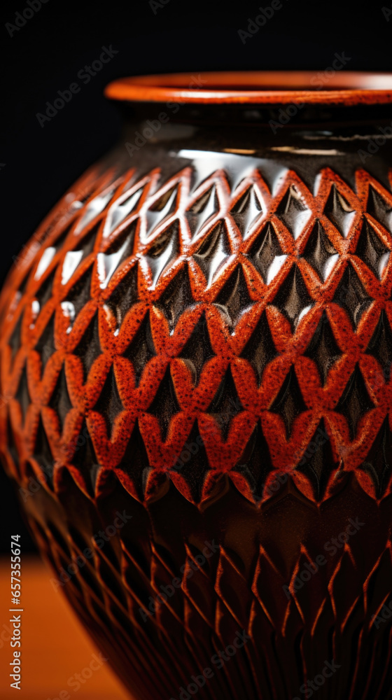 Aufkleber closeup of a redware jar featuring a traditional diamond pattern. the texture is slightly bumpy and 