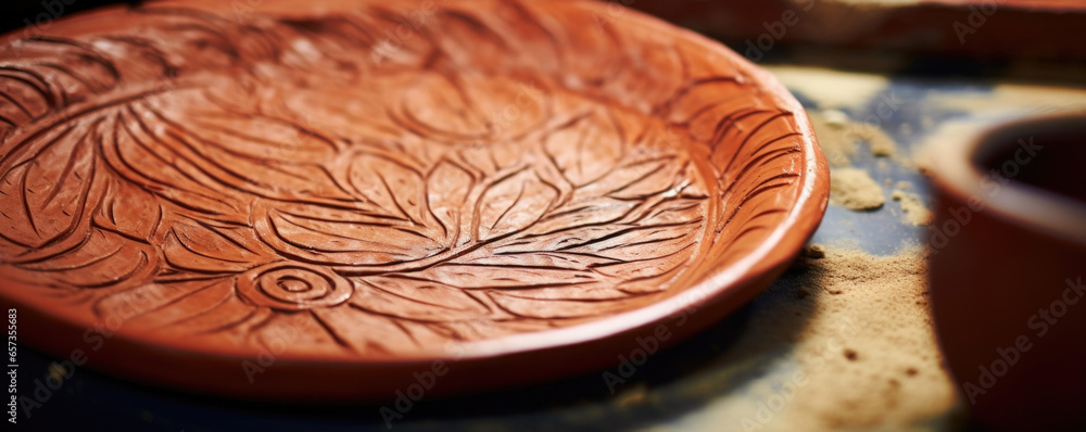 Poster closeup of a slipware plate with a handdrawn design carved deeply into its clay, creating a beautifu