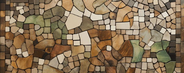 Texture of Earthy Mosaic Ceramic Artwork Inspired by nature, this mosaic artwork uses ceramic tiles in earthy tones of brown, green, and beige. The tiles have a rough and imperfect texture, - obrazy, fototapety, plakaty