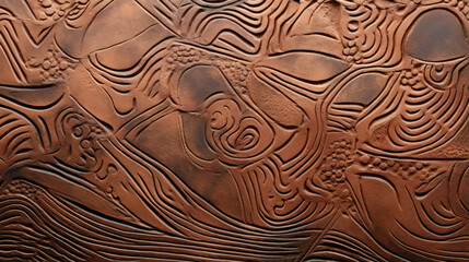 Texture of intricate sgraffito designs etched into rough, earthen clay. The contrast between the smooth lines and co surface creates a visually dynamic piece.