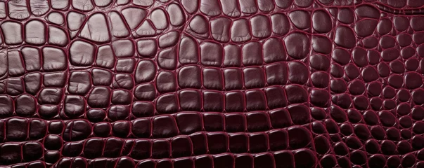 Foto auf Alu-Dibond A closeup of crocodile skin leather in a deep burgundy color, highlighting its uneven texture and subtle sheen. This type of leather is known for its toughness and resistance to wear and © Justlight
