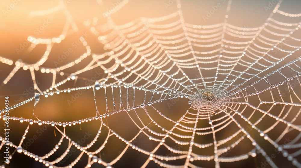 Wall mural closeup of a spider web, glistening with morning dew, highlighting the intricate and delicate design