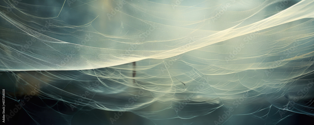 Poster texture of a spider web stretched over a window, the fine threads resembling a translucent veil.