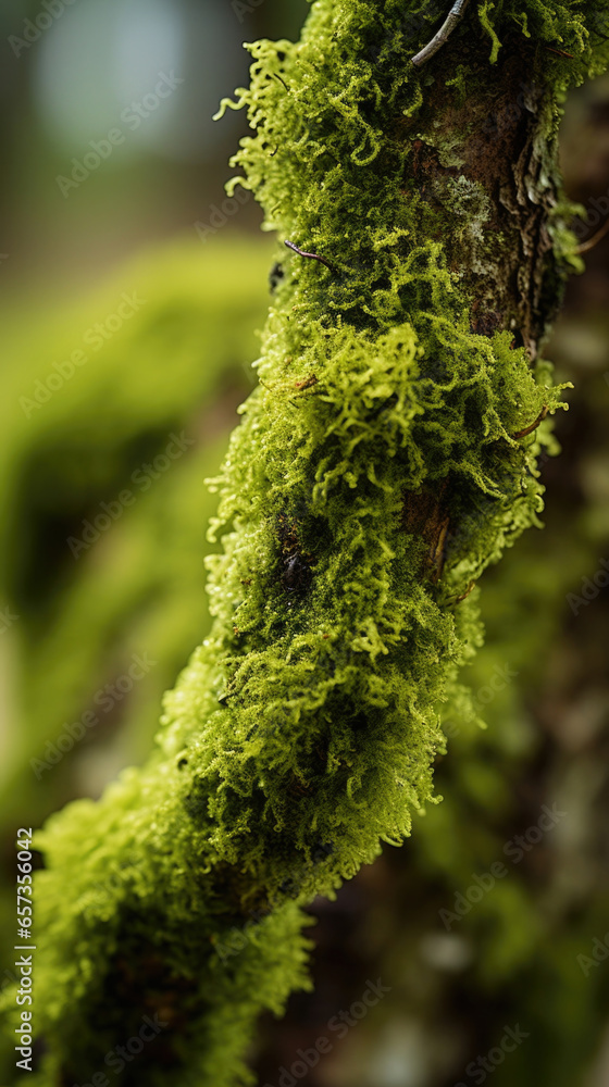 Poster closeup of tree moss on a gnarled branch, its tiny hairs creating a fuzzy and intricate texture.
