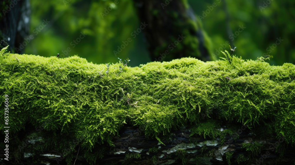 Poster texture of emerald green tree moss carpeting a branch, adding a pop of color and dimension to the tr